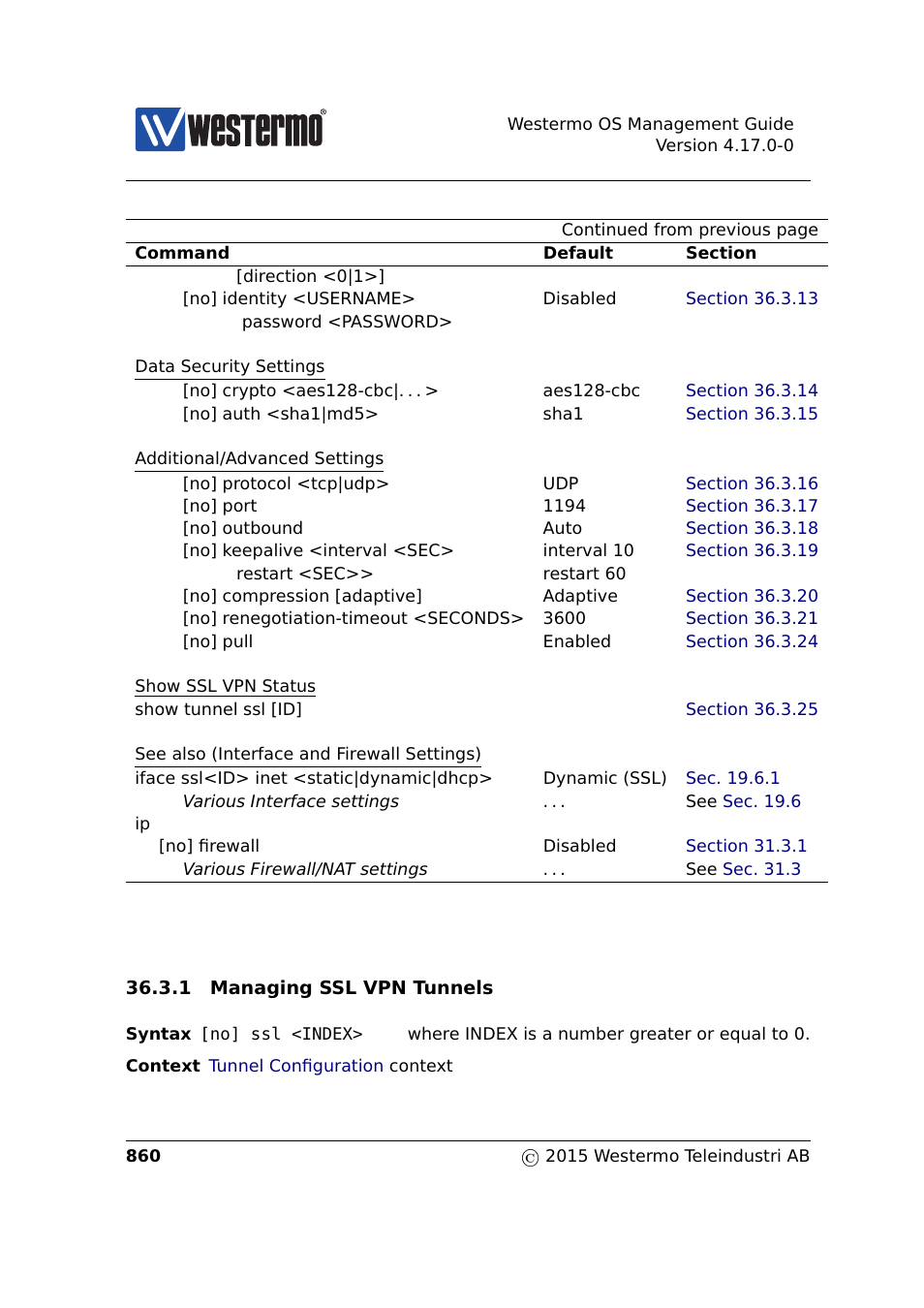 Gre tunnel, Configuration, Gre tunnel configuration | Section 36.3.1 | Westermo RedFox Series User Manual | Page 860 / 977