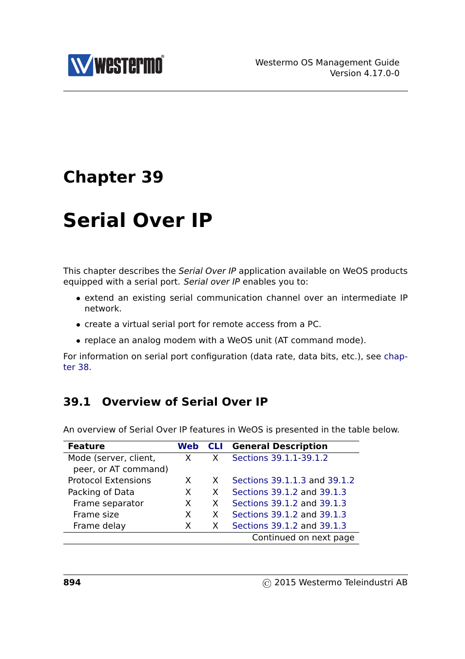 39 serial over ip, 1 overview of serial over ip, Chapter 39 | Chap, Ter 39, Serial over ip | Westermo RedFox Series User Manual | Page 894 / 977