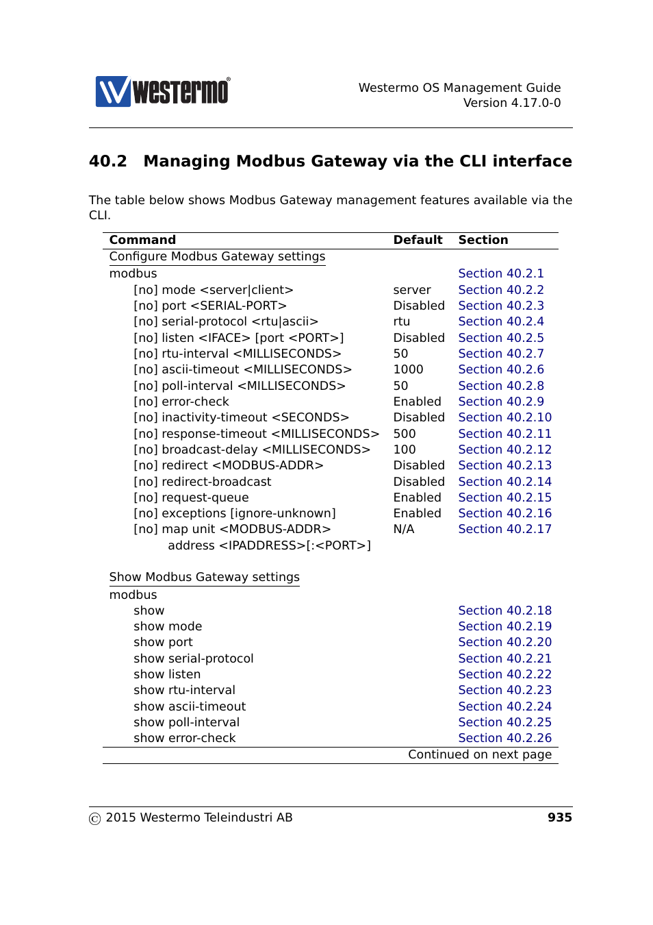 2 managing modbus gateway via the cli interface | Westermo RedFox Series User Manual | Page 935 / 977