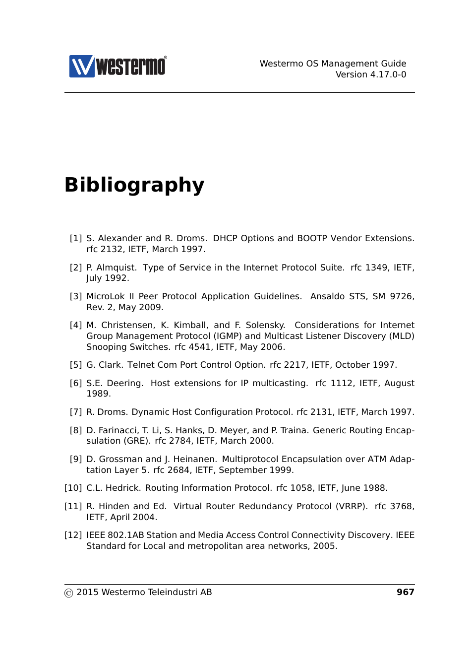 References, Rfc2131, Ripv1 | Rfc1112, Discouraged, Xtensions, Otocol, Bibliography | Westermo RedFox Series User Manual | Page 967 / 977