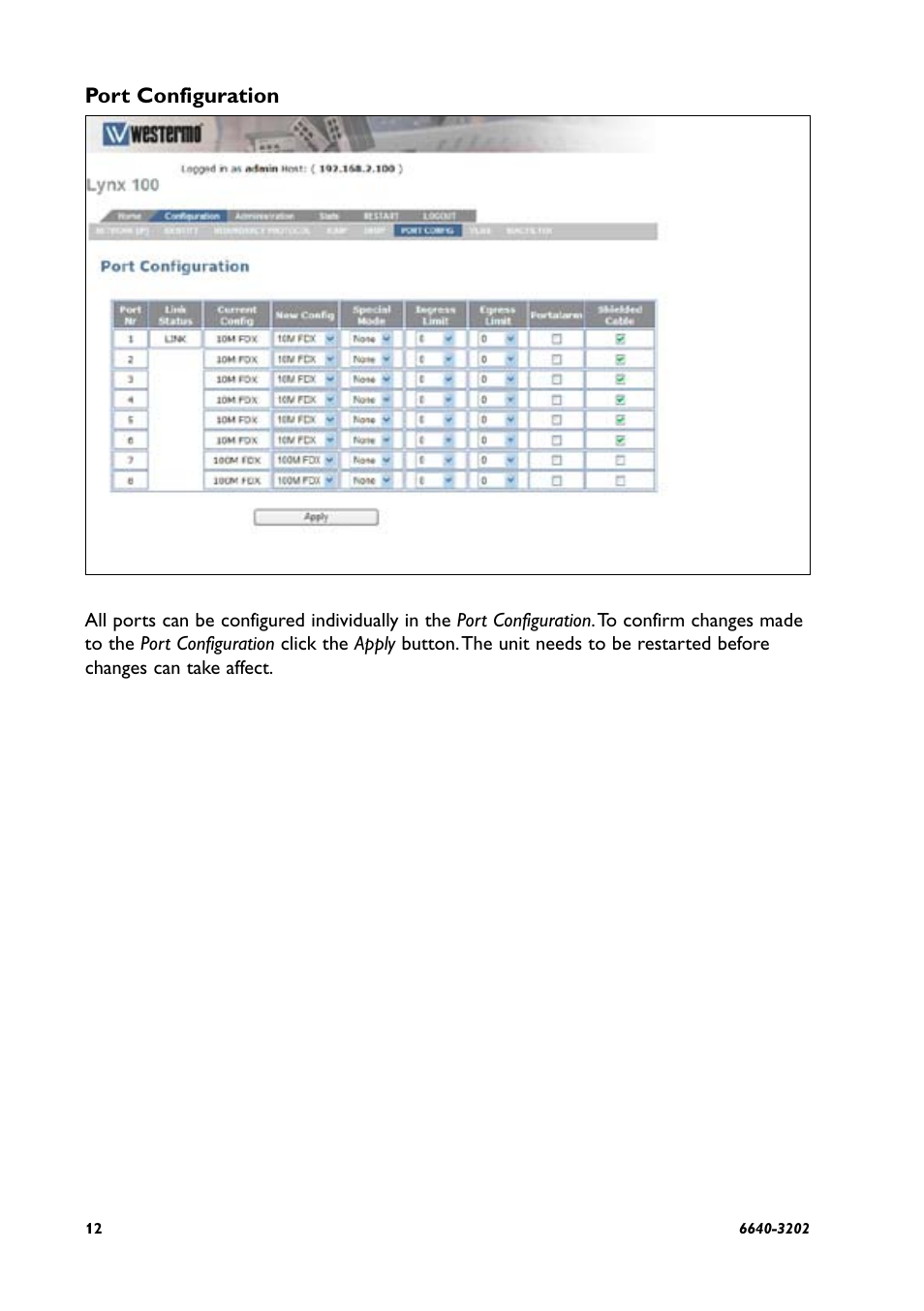 Port configuration | Westermo Lynx Series User Manual | Page 12 / 28