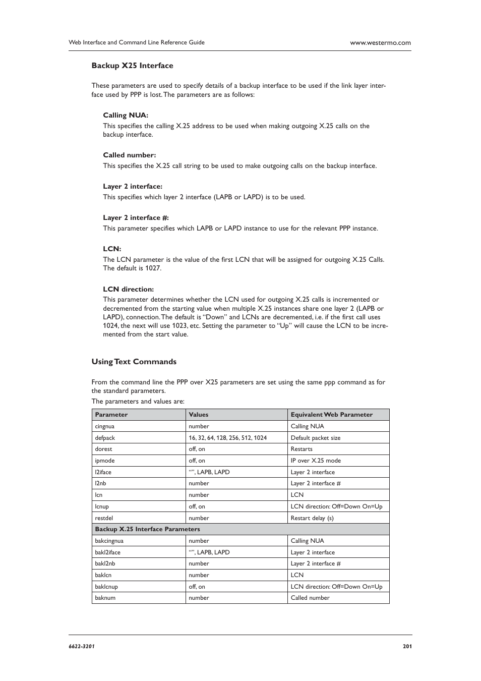 Backup x25 interface, Using text commands | Westermo MR Series User Manual | Page 201 / 460