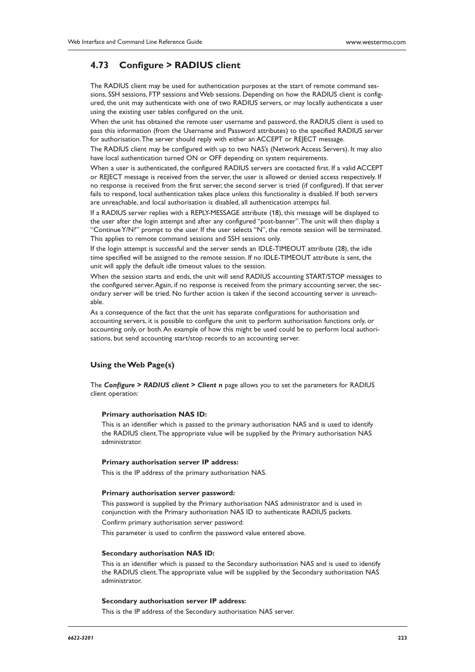 Conﬁ gure > radius client 4.73 | Westermo MR Series User Manual | Page 223 / 460