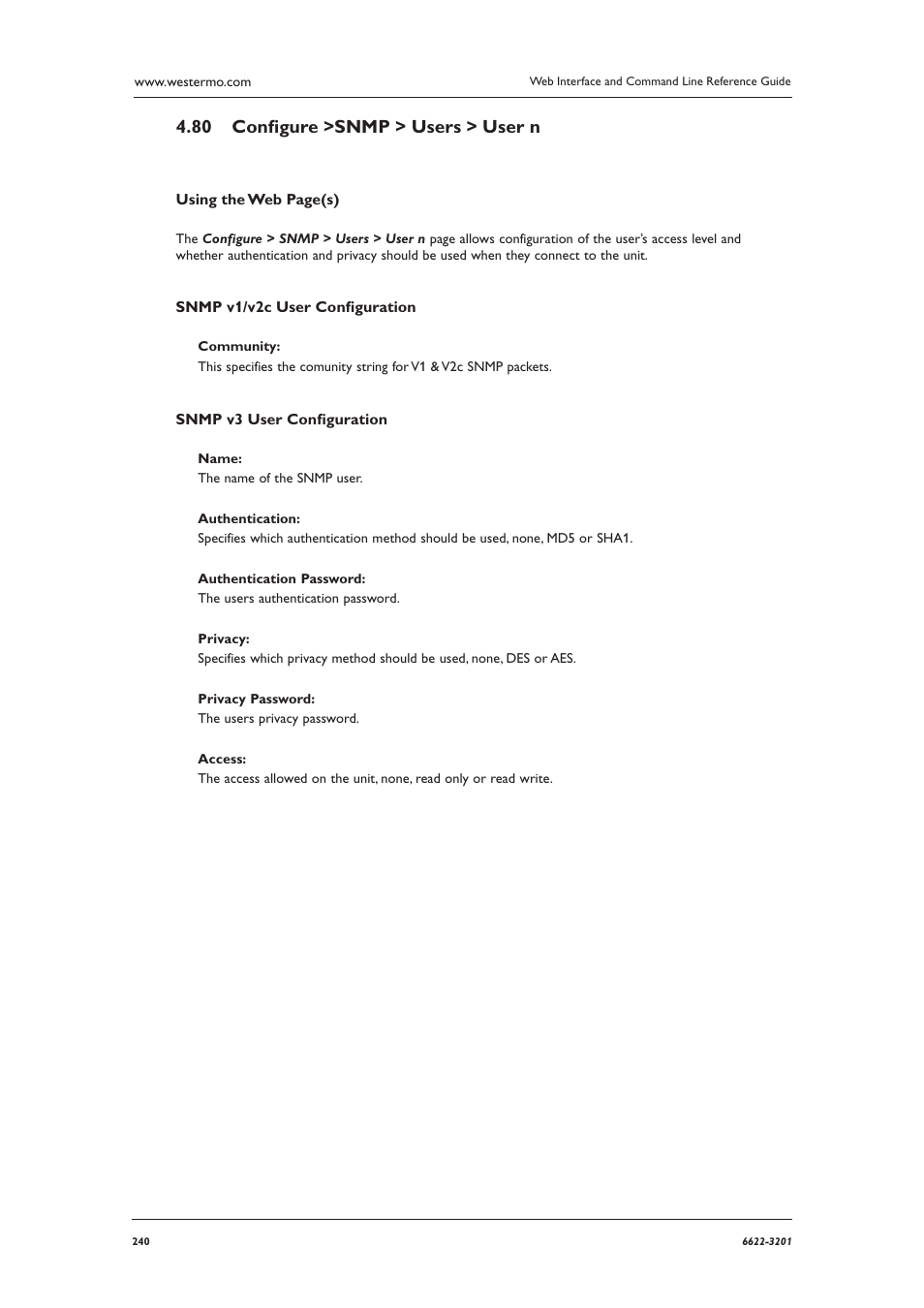 Conﬁ gure >snmp > users > user n 4.80 | Westermo MR Series User Manual | Page 240 / 460