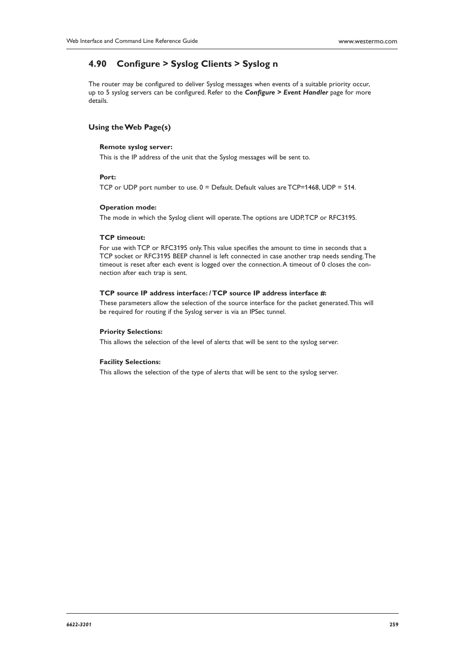 Conﬁ gure > syslog clients > syslog n 4.90 | Westermo MR Series User Manual | Page 259 / 460