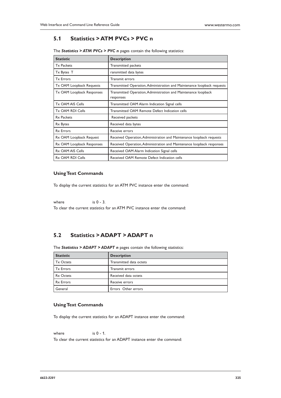 Statistics > atm pvcs > pvc n 5.1, Statistics > adapt > adapt n 5.2 | Westermo MR Series User Manual | Page 325 / 460