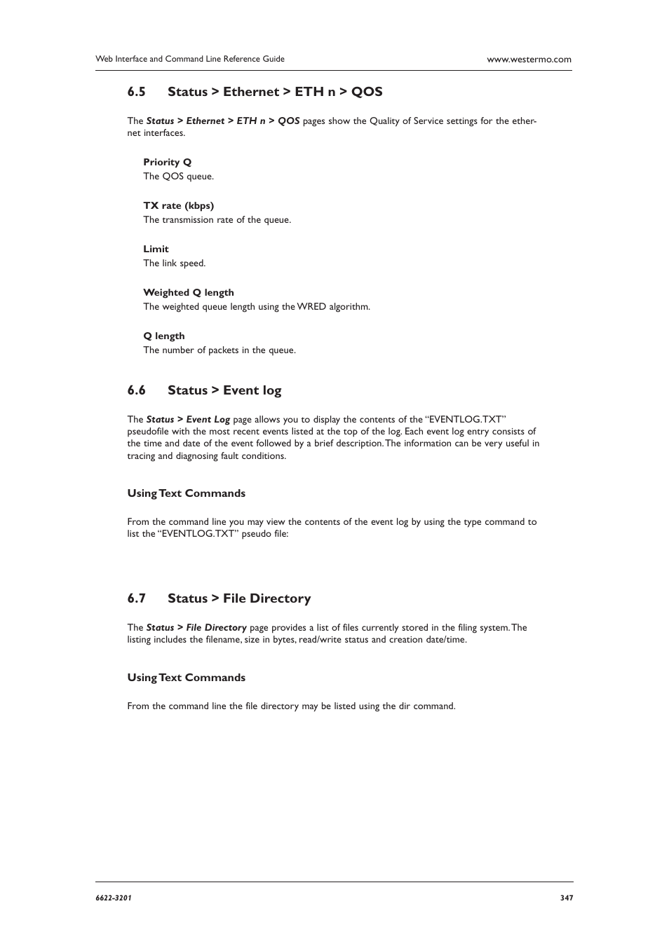 Status > ethernet > eth n > qos 6.5, Status > event log 6.6, Status > file directory 6.7 | Westermo MR Series User Manual | Page 347 / 460