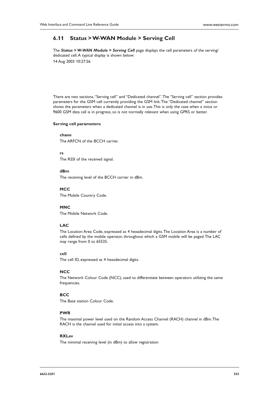Status > w-wan module > serving cell 6.11 | Westermo MR Series User Manual | Page 353 / 460