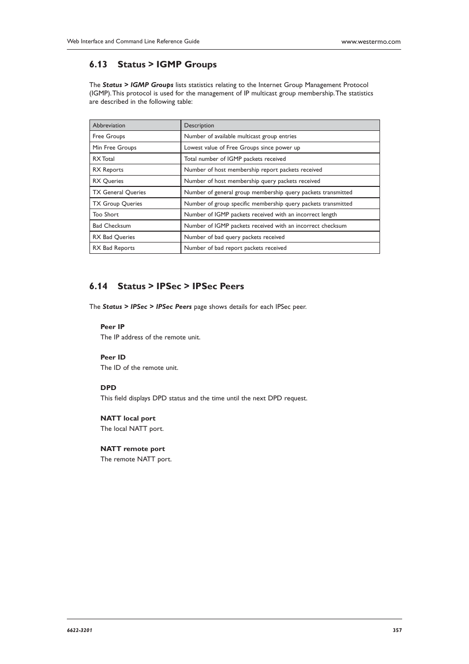 Status > igmp groups 6.13, Status > ipsec > ipsec peers 6.14 | Westermo MR Series User Manual | Page 357 / 460