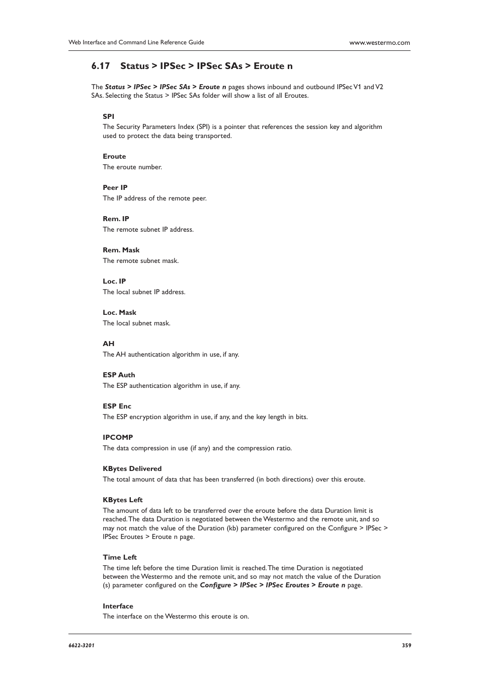Status > ipsec > ipsec sas > eroute n 6.17 | Westermo MR Series User Manual | Page 359 / 460