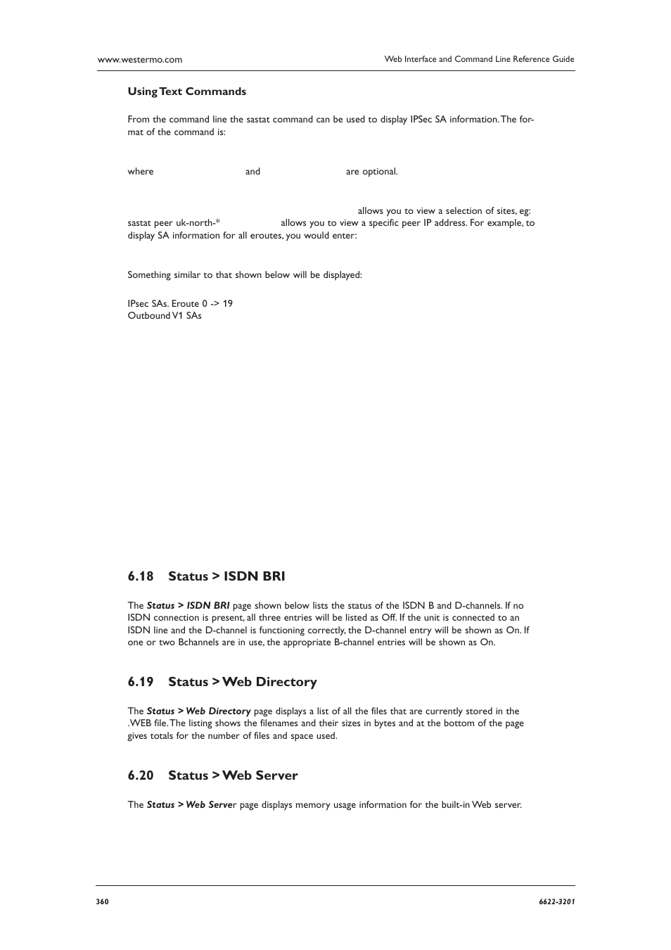 Status > isdn bri 6.18, Status > web directory 6.19, Status > web server 6.20 | Using text commands | Westermo MR Series User Manual | Page 360 / 460