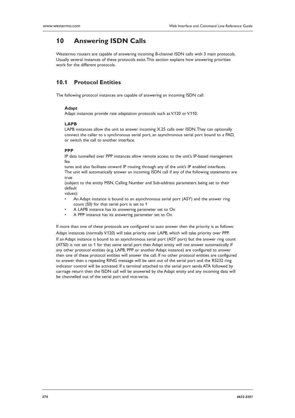 Answering isdn calls 10, Protocol entities 10.1 | Westermo MR Series User Manual | Page 374 / 460