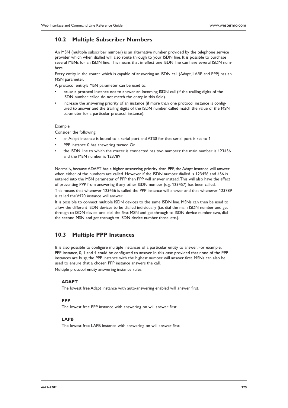 Multiple subscriber numbers 10.2, Multiple ppp instances 10.3 | Westermo MR Series User Manual | Page 375 / 460