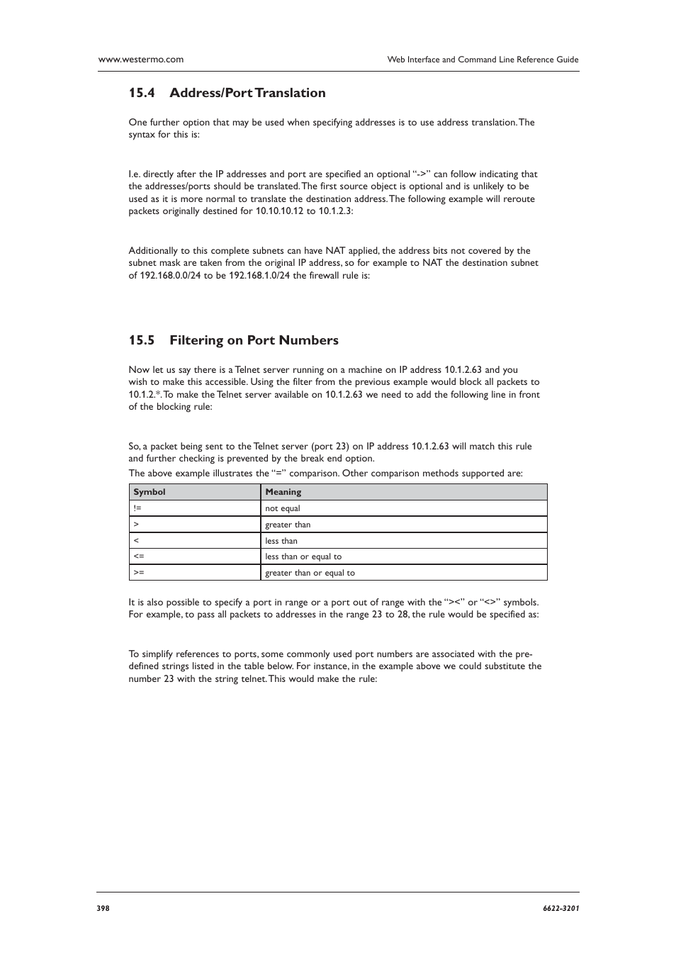 Address/port translation 15.4, Filtering on port numbers 15.5 | Westermo MR Series User Manual | Page 398 / 460