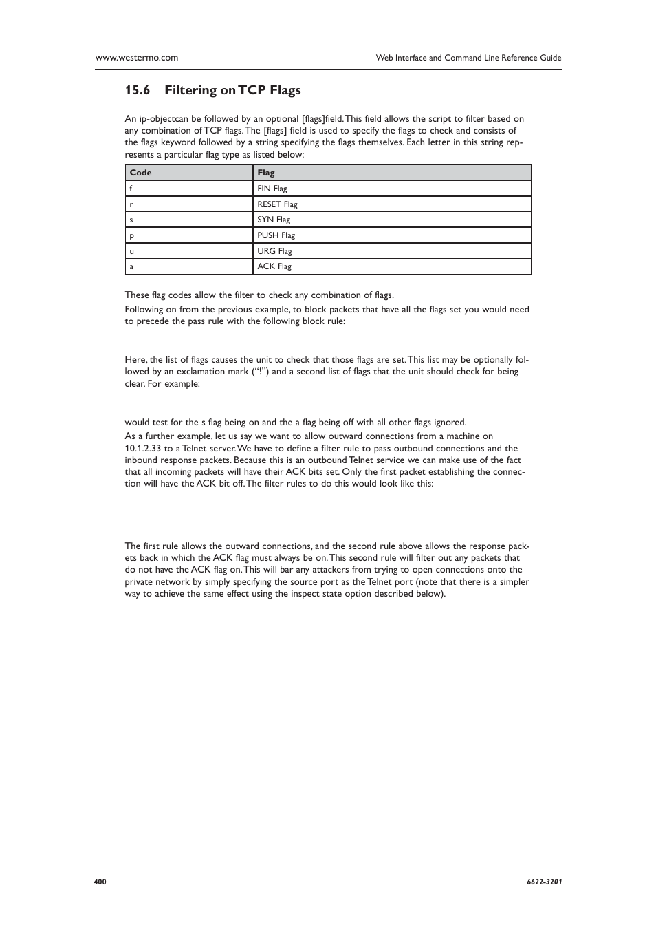 Filtering on tcp flags 15.6 | Westermo MR Series User Manual | Page 400 / 460