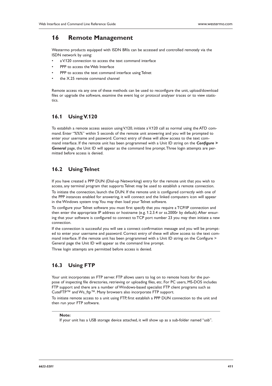 Remote management 16, Using telnet 16.2, Using ftp 16.3 | Westermo MR Series User Manual | Page 411 / 460