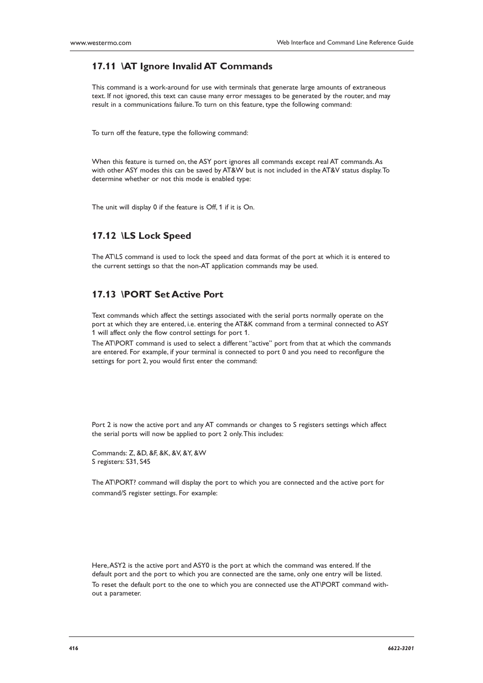 At ignore invalid at commands 17.11, Ls lock speed 17.12, Port set active port 17.13 | Westermo MR Series User Manual | Page 416 / 460