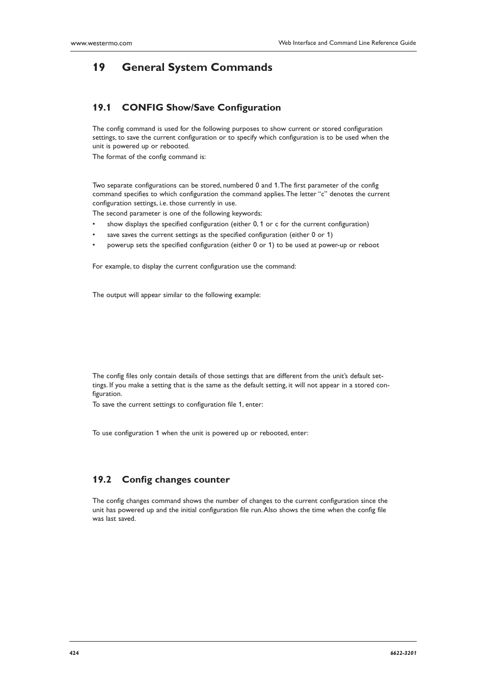 General system commands 19, Config show/save conﬁ guration 19.1, Conﬁ g changes counter 19.2 | Westermo MR Series User Manual | Page 424 / 460