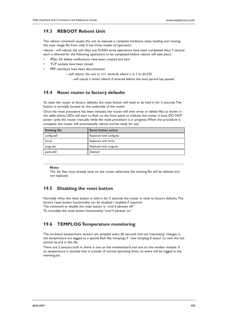 Reboot reboot unit 19.3, Reset router to factory defaults 19.4, Disabling the reset button 19.5 | Templog temperature monitoring 19.6 | Westermo MR Series User Manual | Page 425 / 460