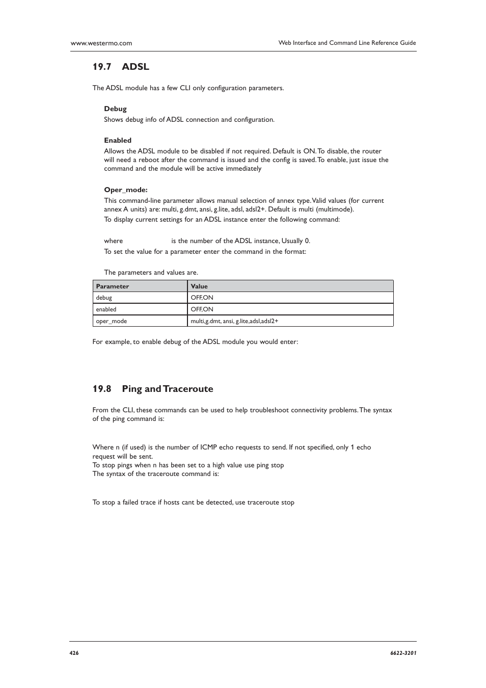 Adsl 19.7, Ping and traceroute 19.8 | Westermo MR Series User Manual | Page 426 / 460