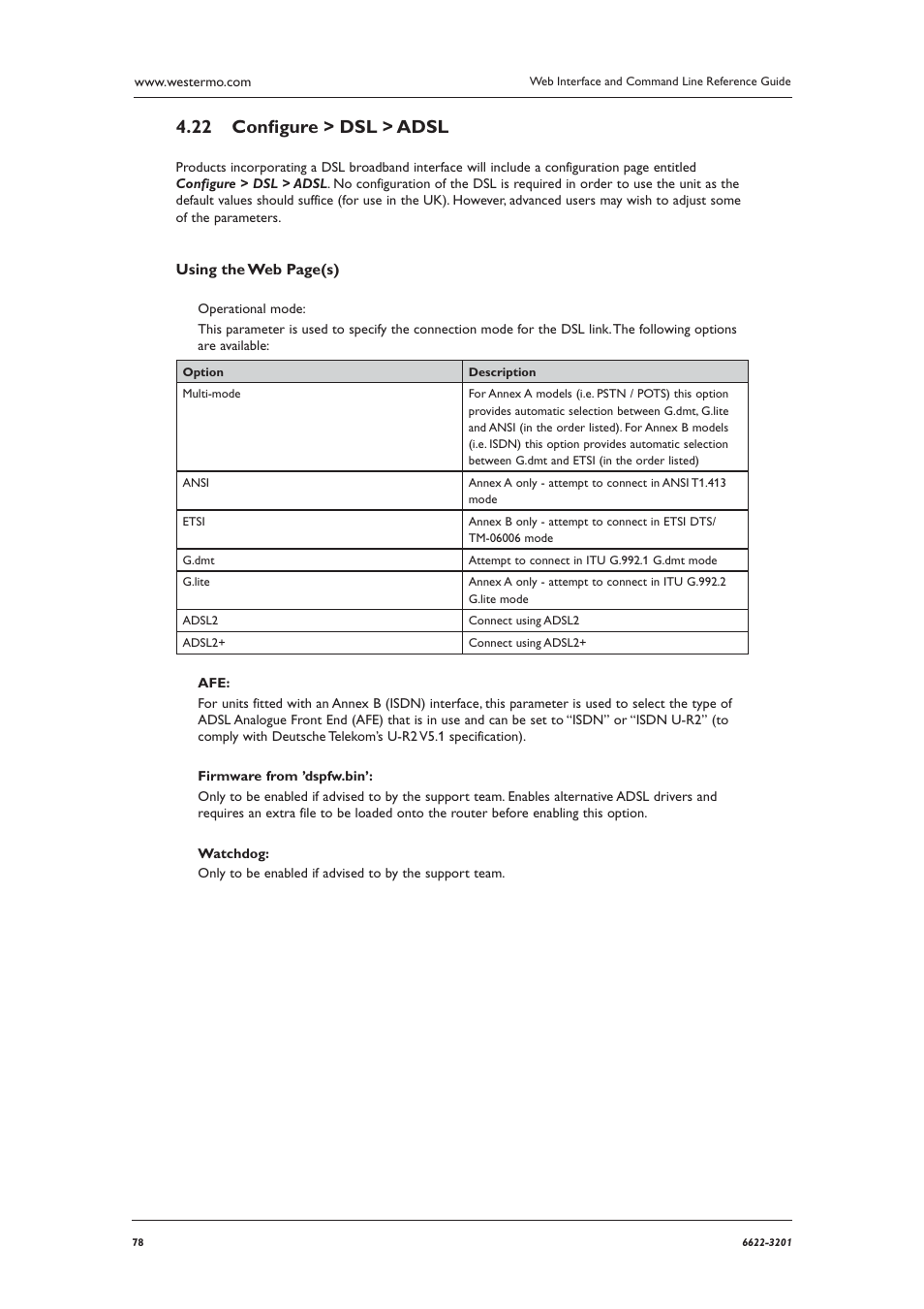 Conﬁ gure > dsl > adsl 4.22 | Westermo MR Series User Manual | Page 78 / 460