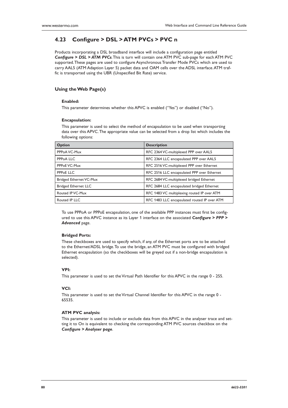 Conﬁ gure > dsl > atm pvcs > pvc n 4.23 | Westermo MR Series User Manual | Page 80 / 460