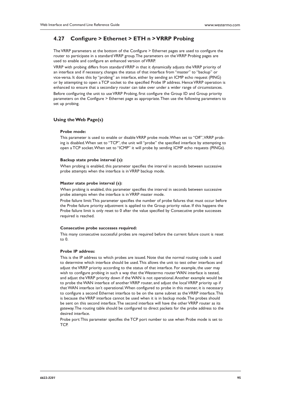 Conﬁ gure > ethernet > eth n > vrrp probing 4.27 | Westermo MR Series User Manual | Page 95 / 460