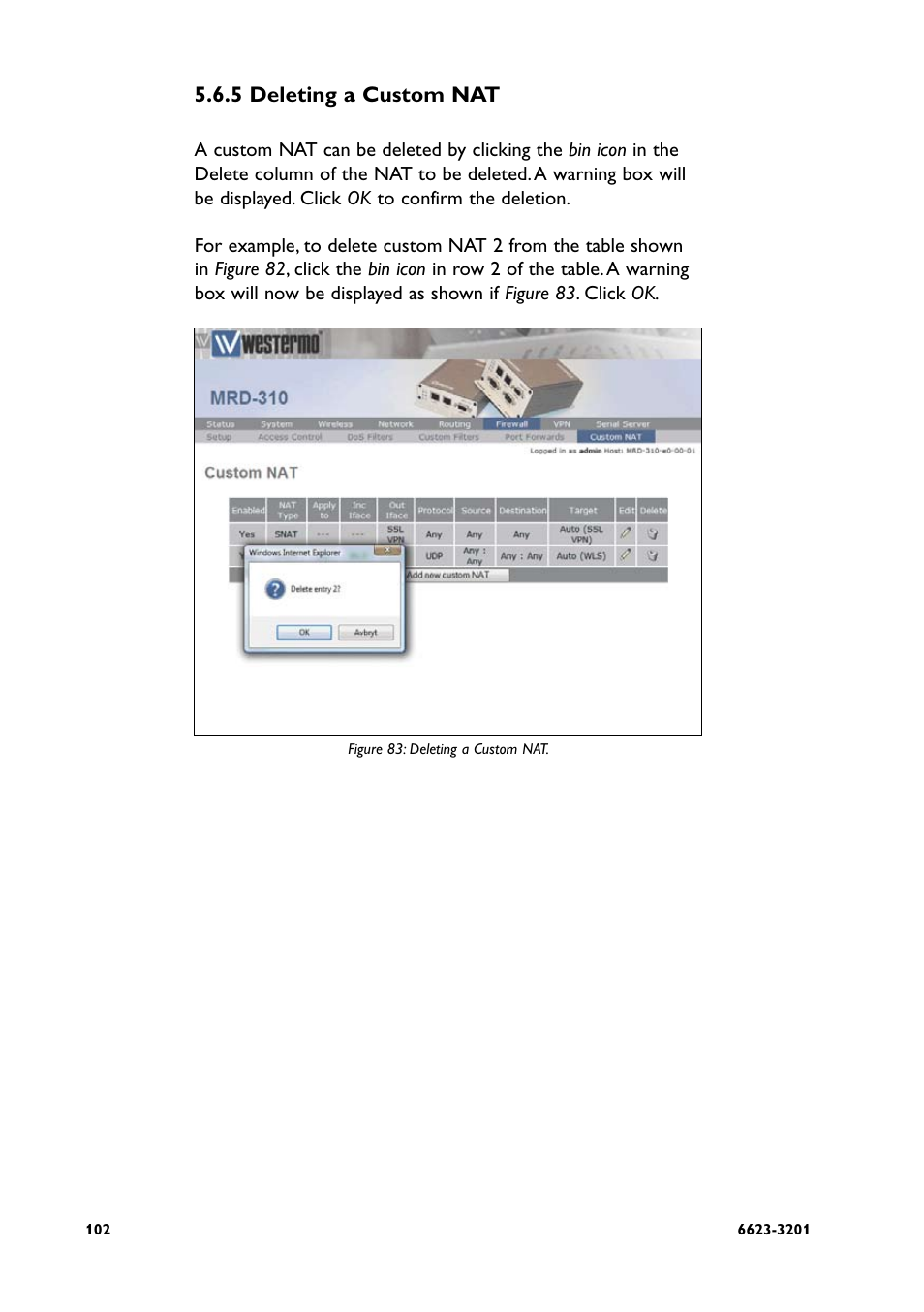 5 deleting a custom nat | Westermo MRD-3x0 User Manual | Page 102 / 199