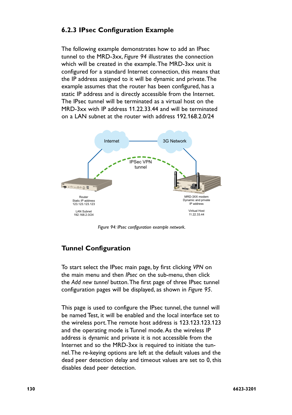 3 ipsec configuration example, Tunnel configuration | Westermo MRD-3x0 User Manual | Page 130 / 199