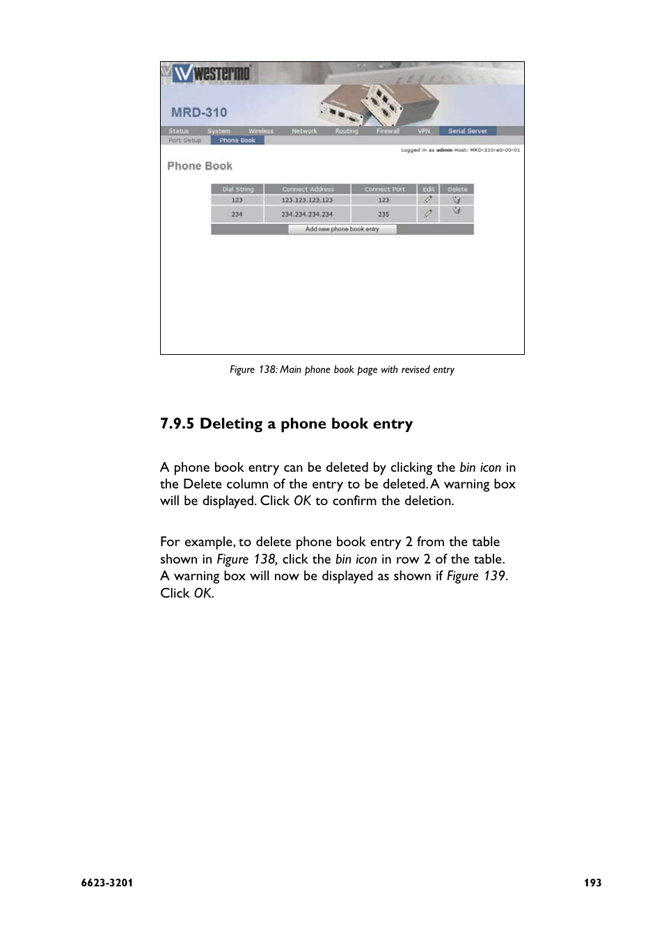 5 deleting a phone book entry | Westermo MRD-3x0 User Manual | Page 193 / 199