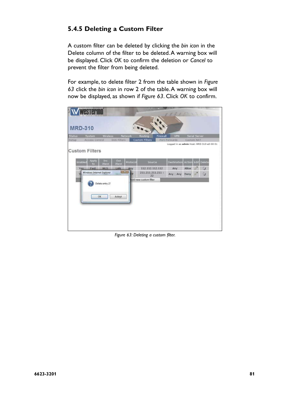 5 deleting a custom filter | Westermo MRD-3x0 User Manual | Page 81 / 199