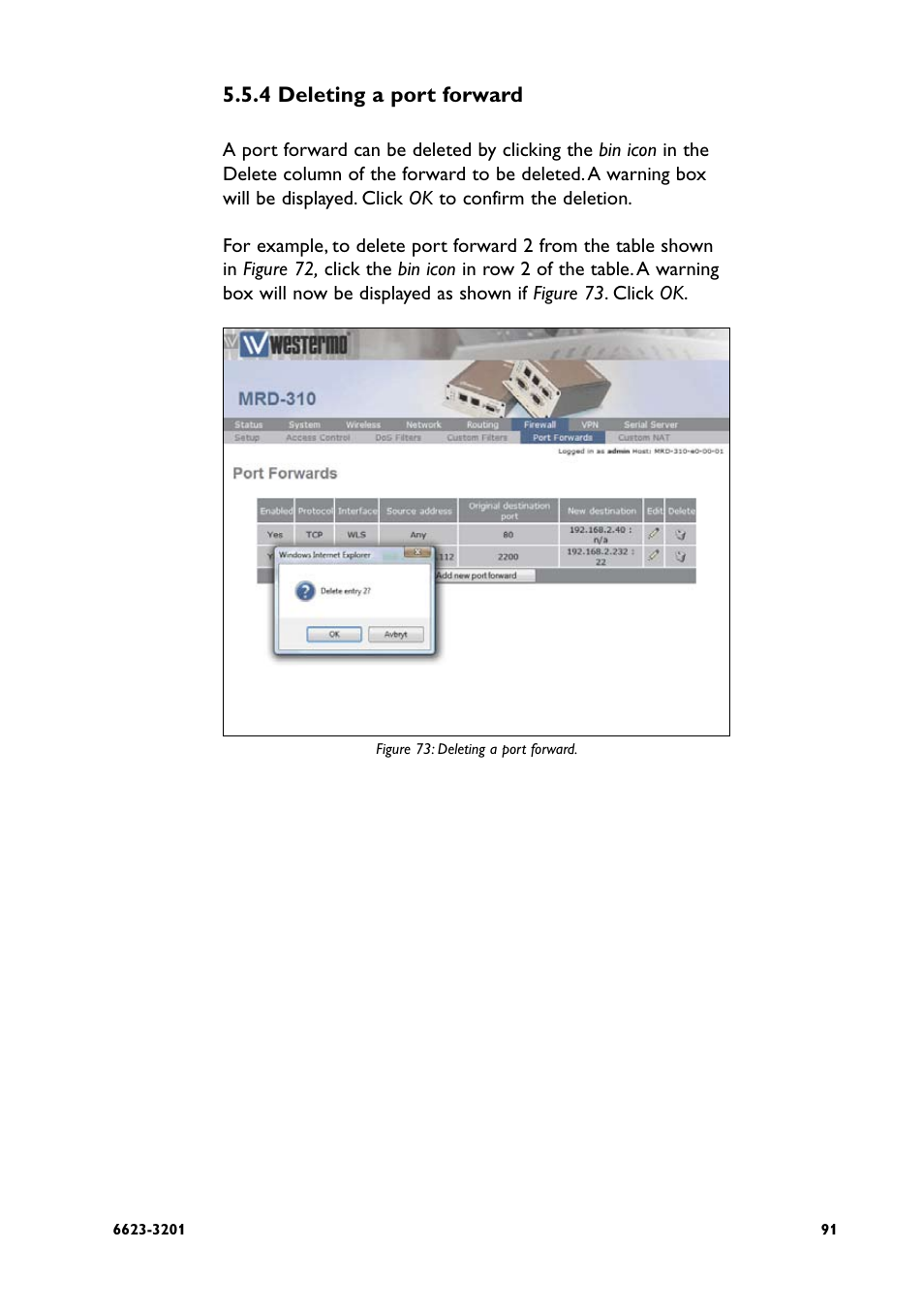4 deleting a port forward | Westermo MRD-3x0 User Manual | Page 91 / 199