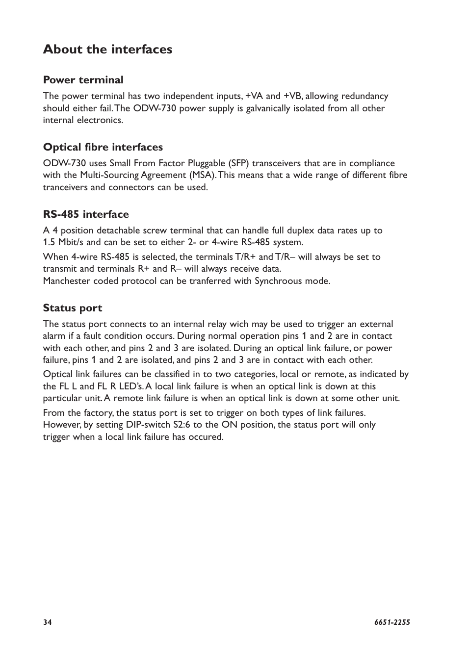 About the interfaces, Power terminal, Optical fibre interfaces | Rs-485 interface, Status port | Westermo ODW-730-F2 User Manual | Page 34 / 36