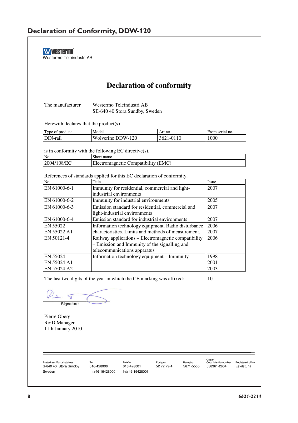 Declaration of conformity, Declaration of conformity, ddw-120 | Westermo DDW-120 User Manual | Page 8 / 24