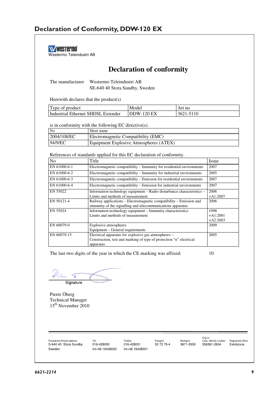 Declaration of conformity, Declaration of conformity, ddw-120 ex | Westermo DDW-120 User Manual | Page 9 / 24