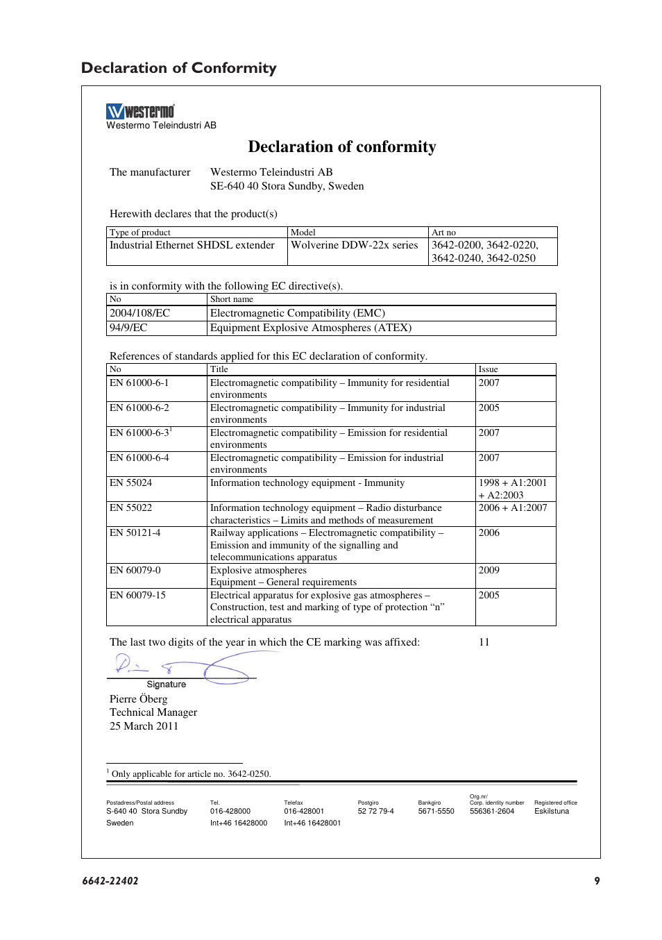 Declaration of conformity | Westermo DDW-226 User Manual | Page 9 / 24