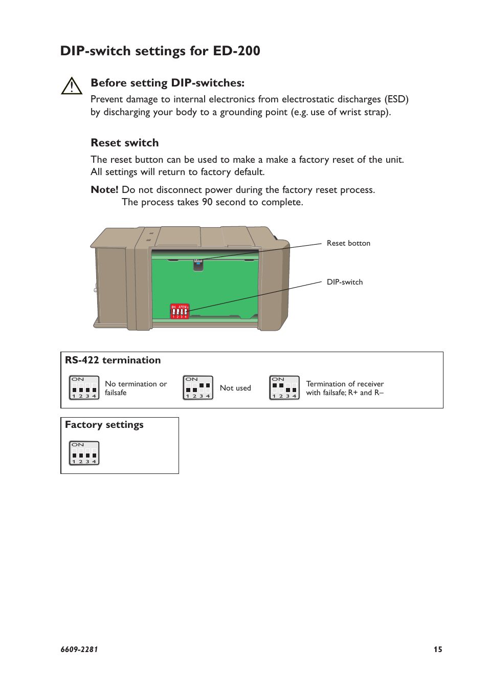 Dip-switch settings for ed-200, Before setting dip-switches, Reset switch | Rs-422 termination | Westermo ED-2x0 User Manual | Page 15 / 20
