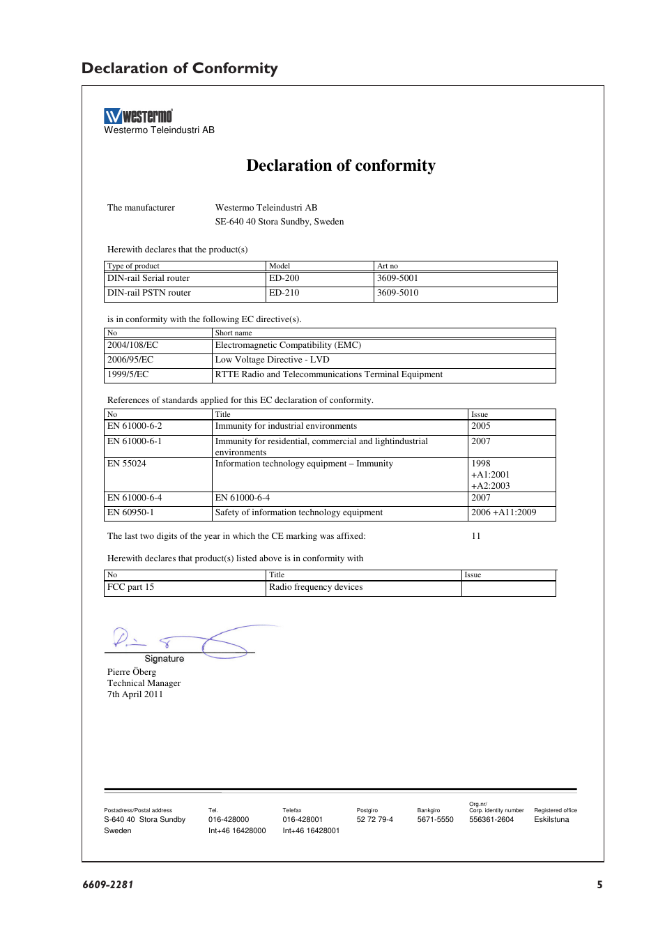 Declaration of conformity | Westermo ED-2x0 User Manual | Page 5 / 20