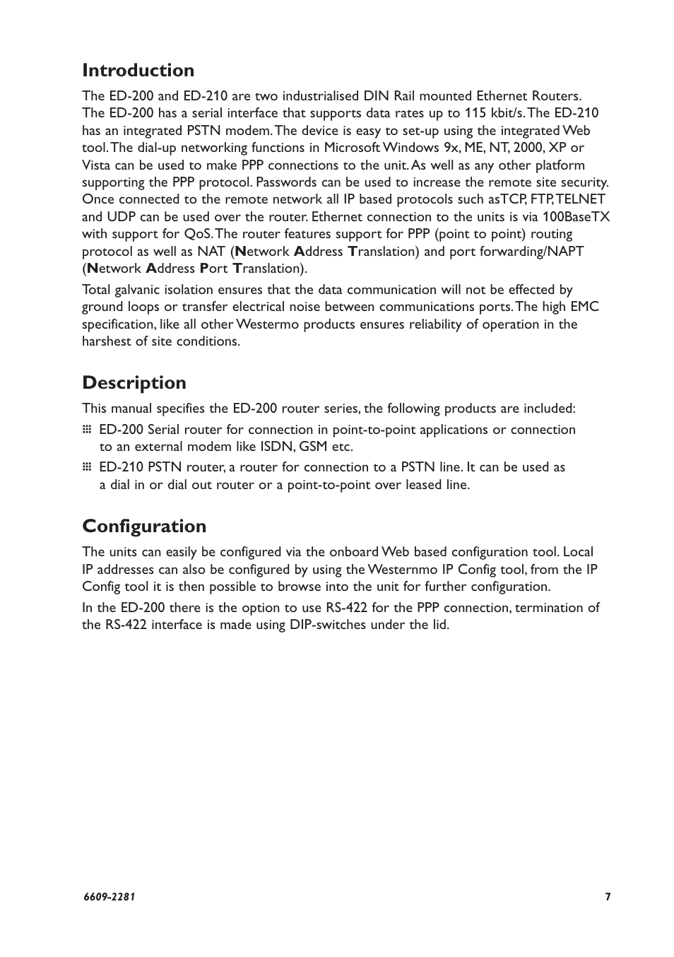 Introduction, Description, Configuration | Westermo ED-2x0 User Manual | Page 7 / 20