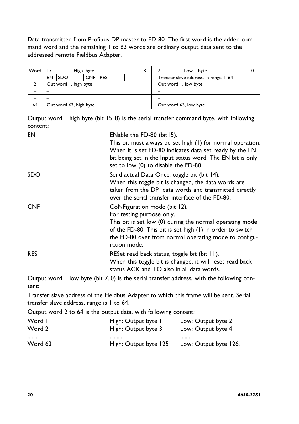 1 output data word | Westermo FD-80 User Manual | Page 20 / 24