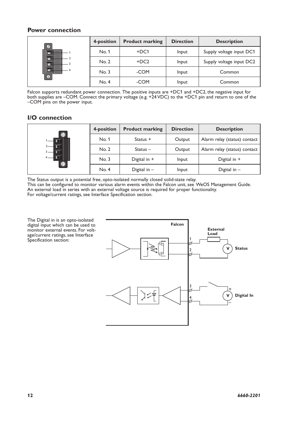 Power connection i/o connection | Westermo FDV-206-1D-1S User Manual | Page 12 / 24
