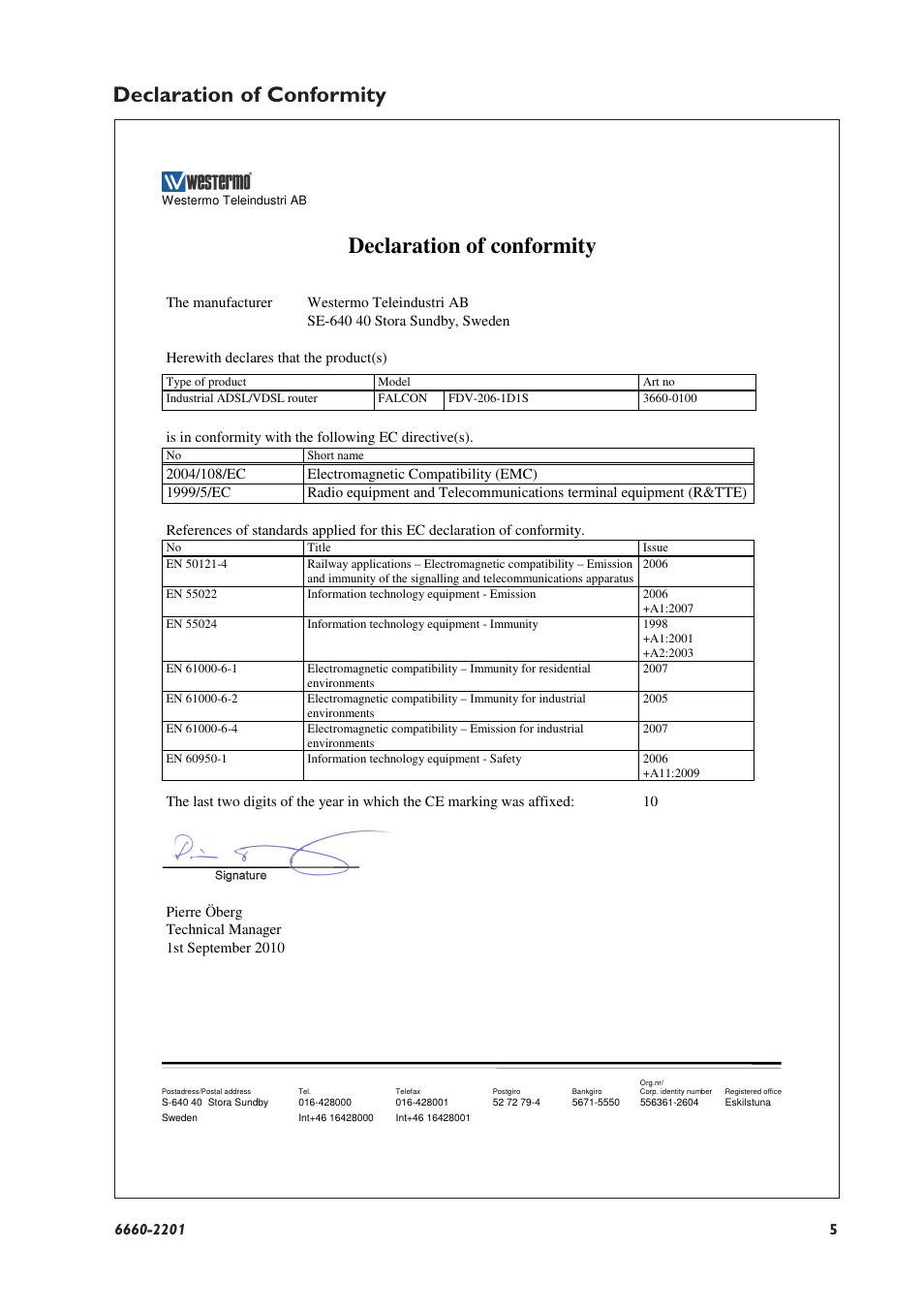 Declaration of conformity | Westermo FDV-206-1D-1S User Manual | Page 5 / 24