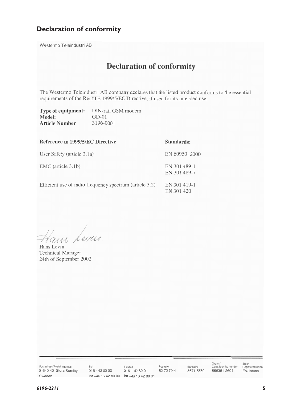 Declaration of conformity | Westermo GD-01 User Manual | Page 5 / 20