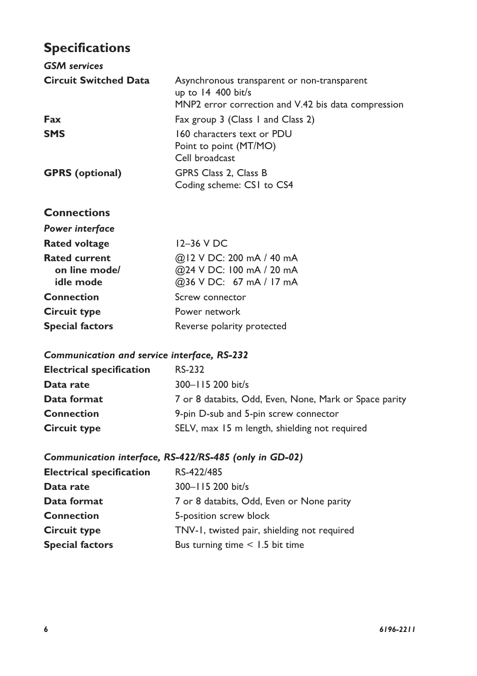 Specifications | Westermo GD-01 User Manual | Page 6 / 20