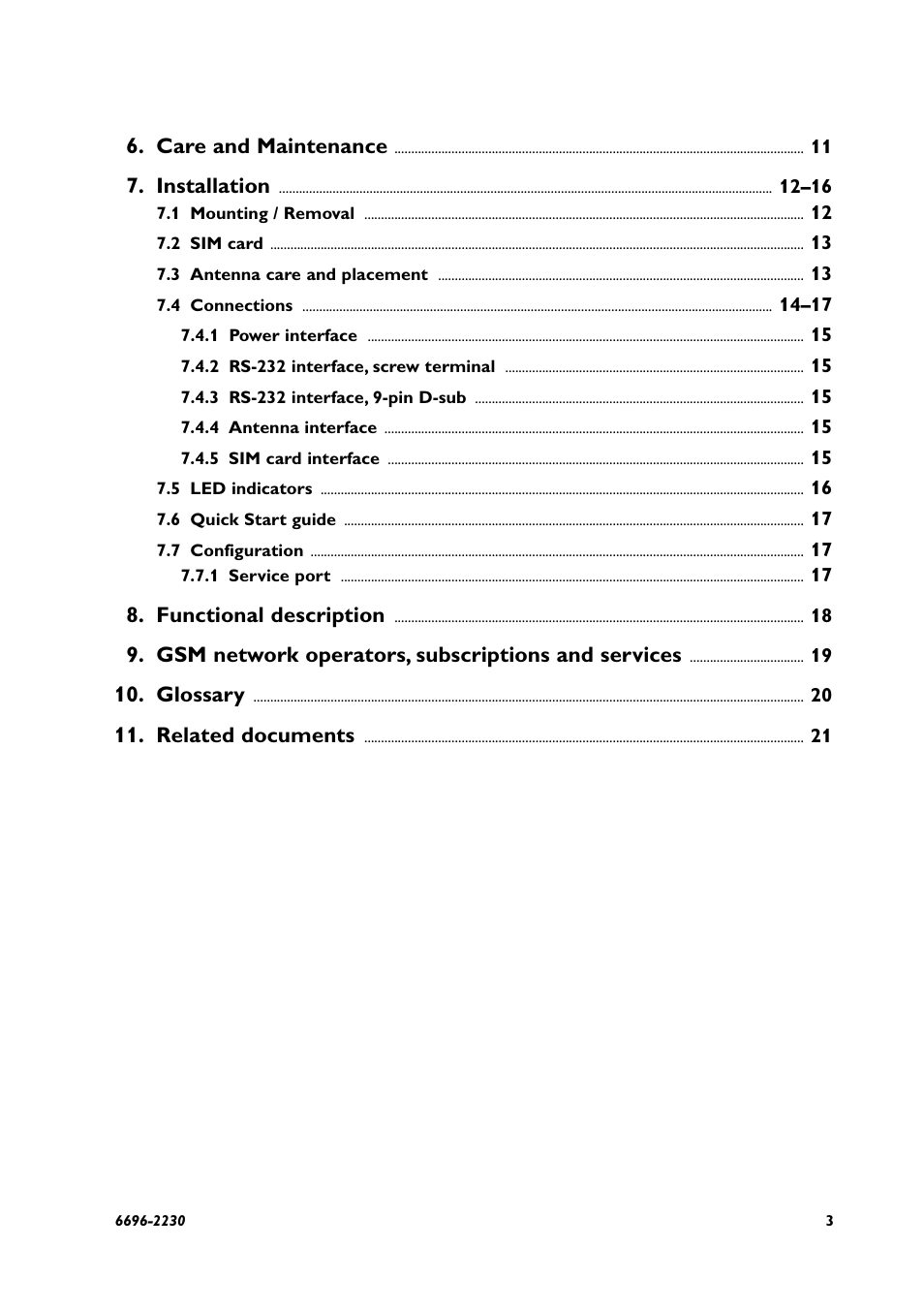 Care and maintenance, Installation, Functional description | Gsm network operators, subscriptions and services, Glossary, Related documents | Westermo GD-01 US User Manual | Page 3 / 24