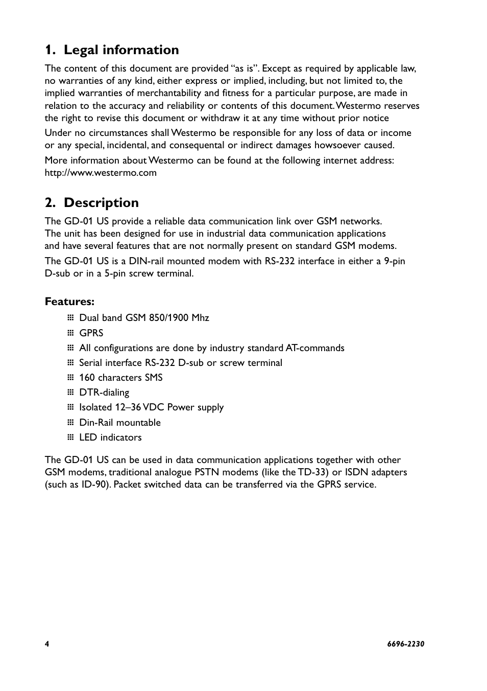 Legal information, Description | Westermo GD-01 US User Manual | Page 4 / 24