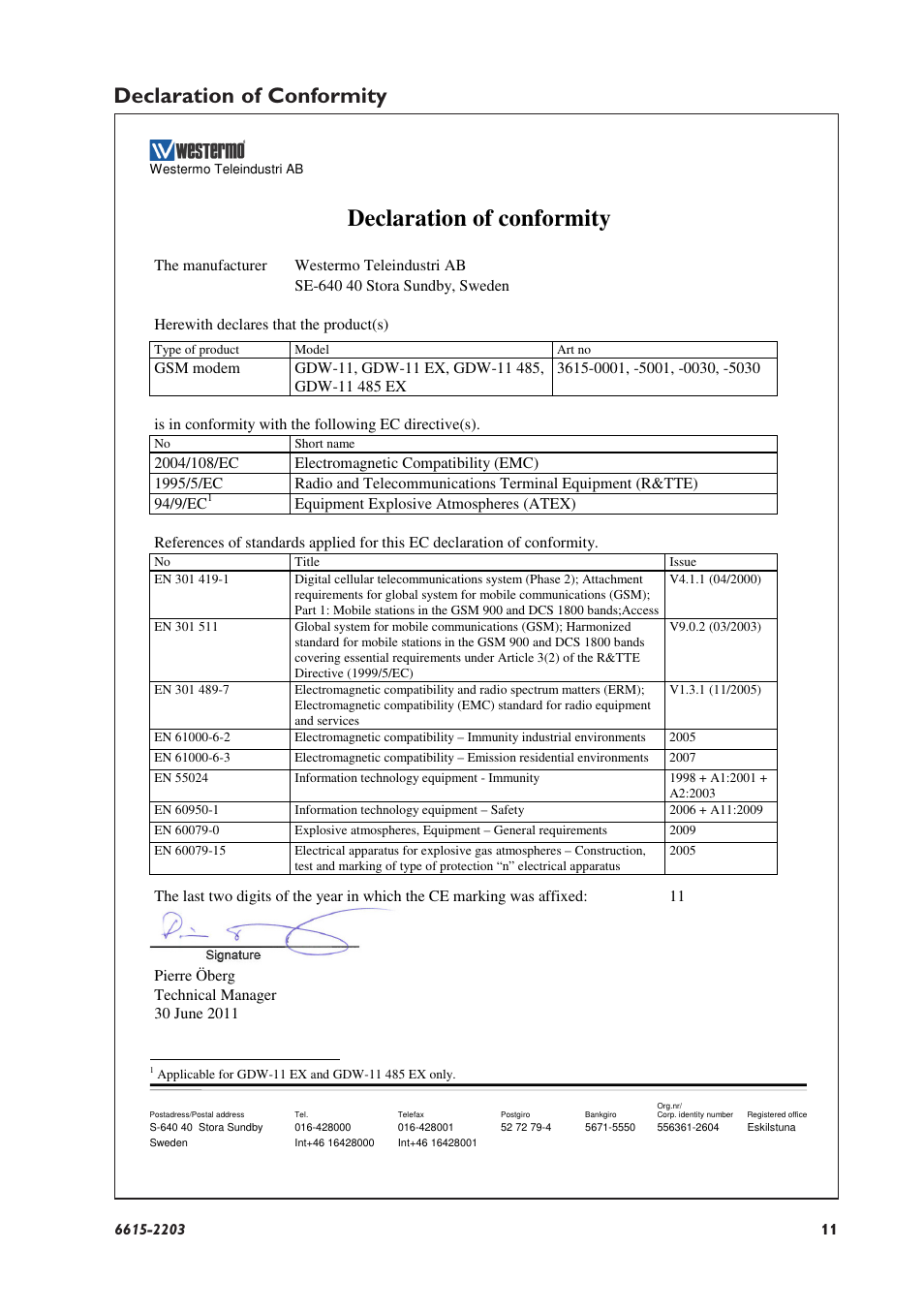 Declaration of conformity | Westermo GDW-11 User Manual | Page 11 / 40