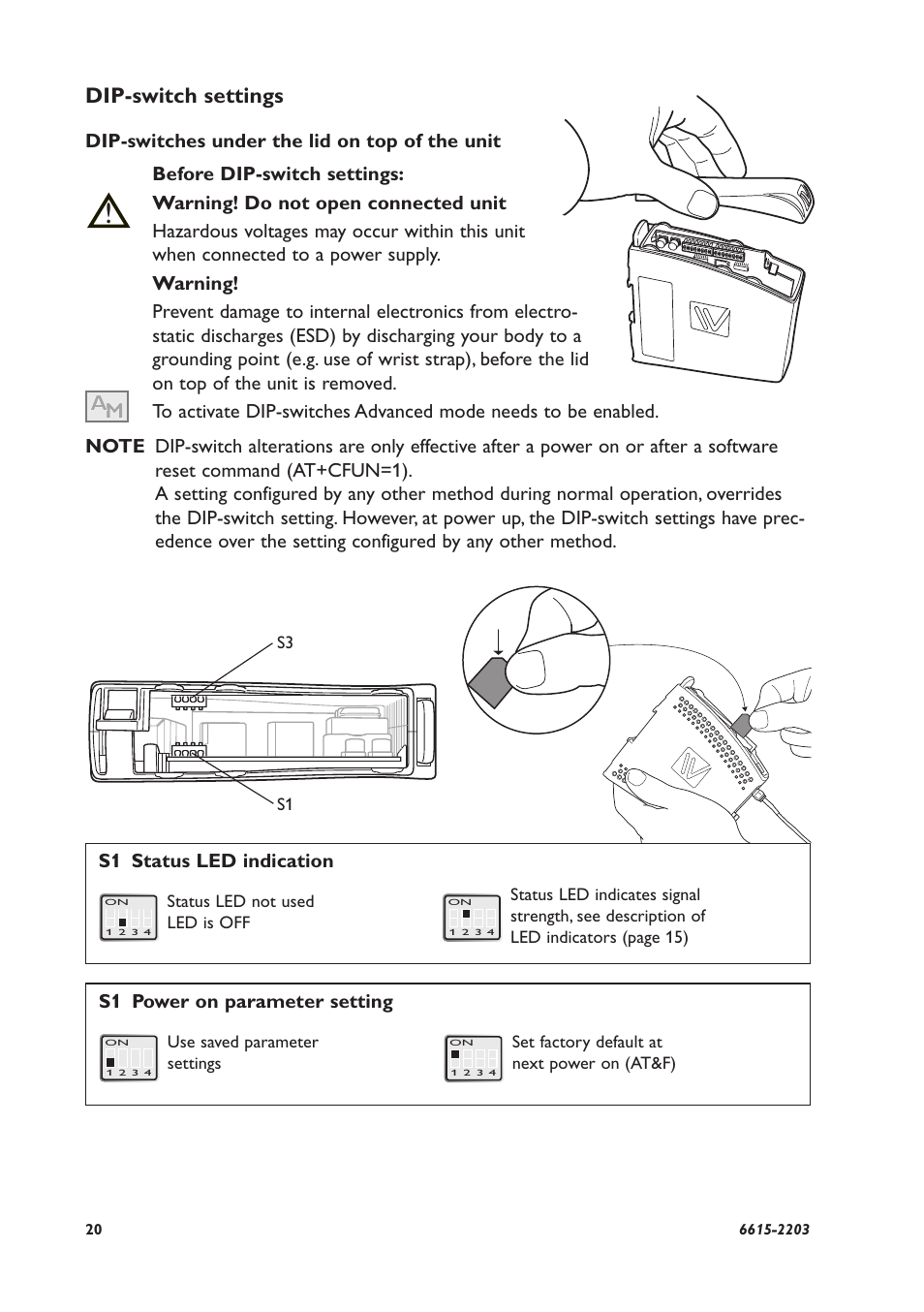 Dip-switch settings, S1 status led indication, S1 power on parameter setting | Westermo GDW-11 User Manual | Page 20 / 40