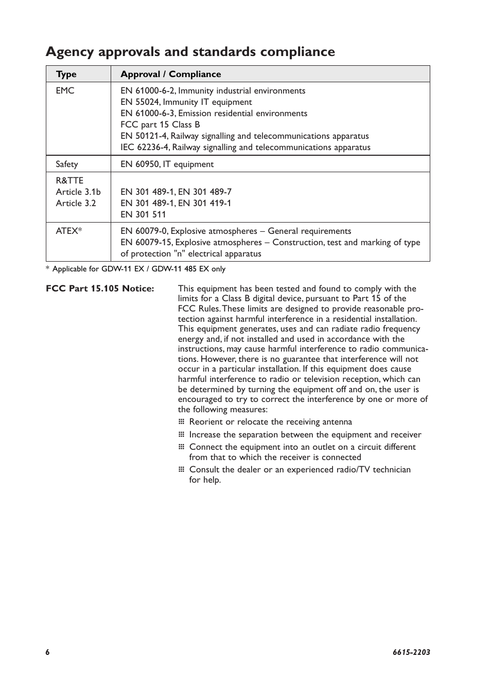 Agency approvals and standards compliance | Westermo GDW-11 User Manual | Page 6 / 40