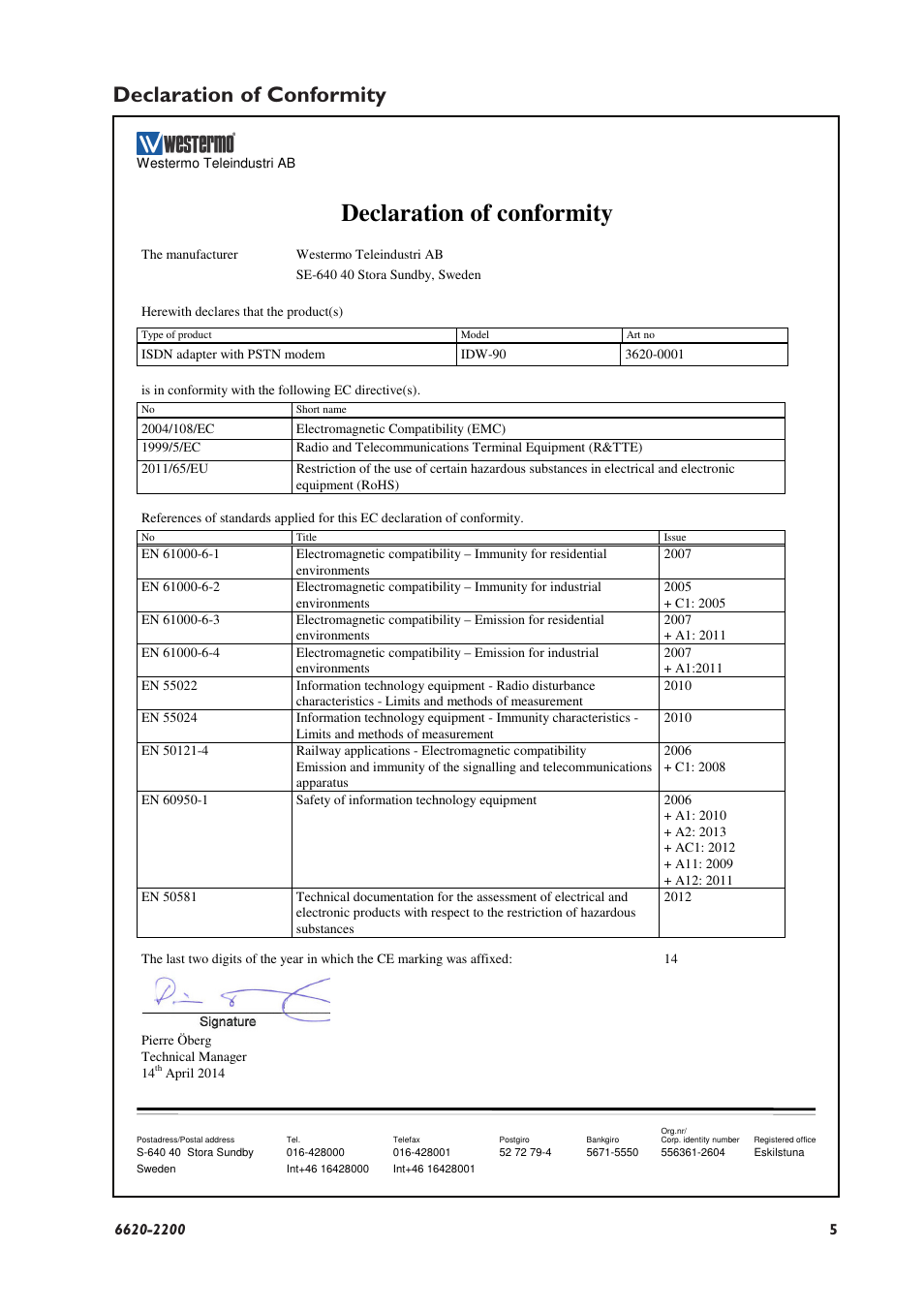 Declaration of conformity | Westermo IDW-90 User Manual | Page 5 / 44